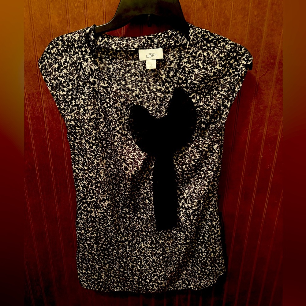 LOFT Monochrome Patterned Blouse with Bow Accent
